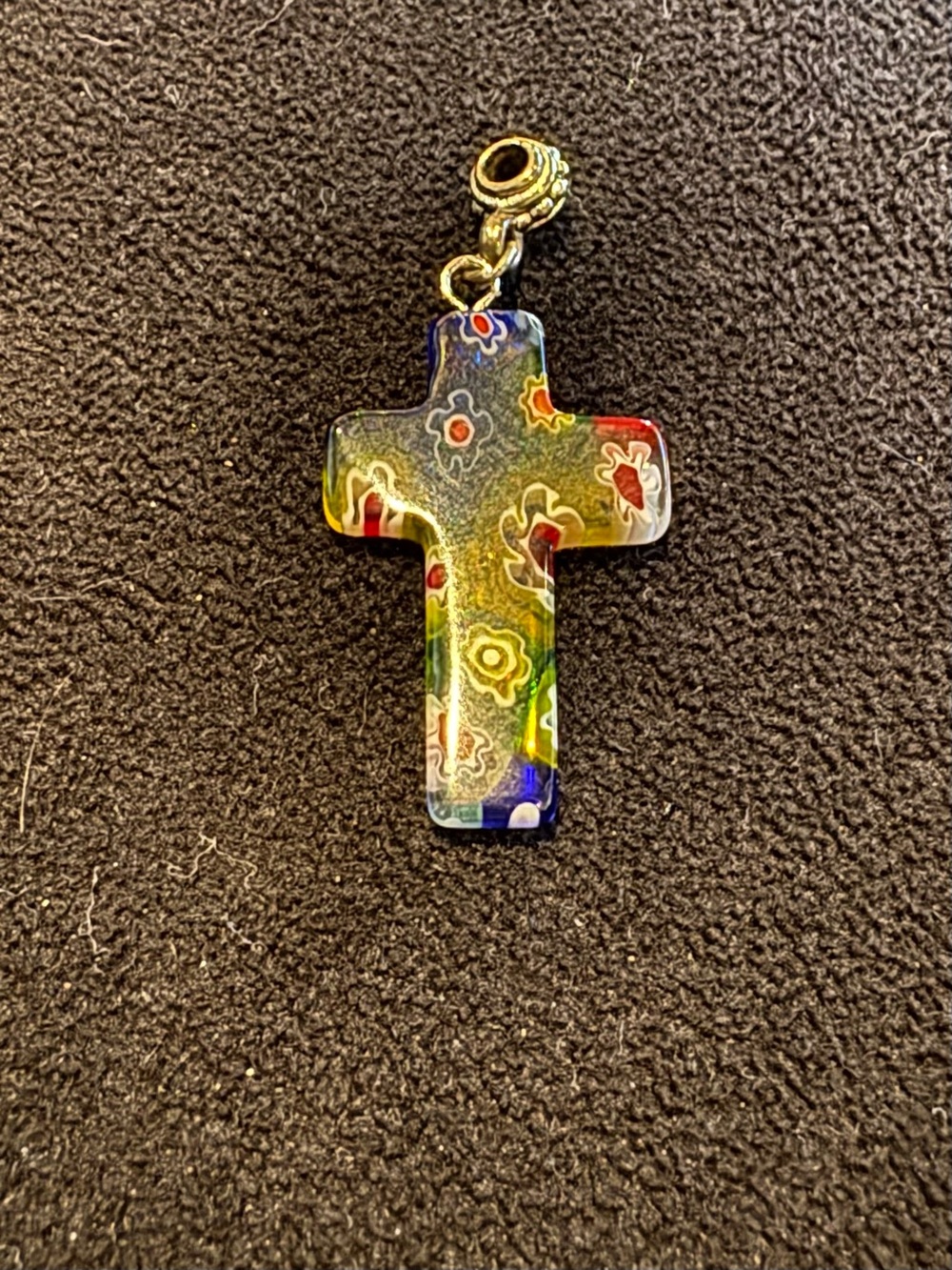 Murano Style Millefiori Glass Cross Pendant Multicolor Floral Venetian Art Glass